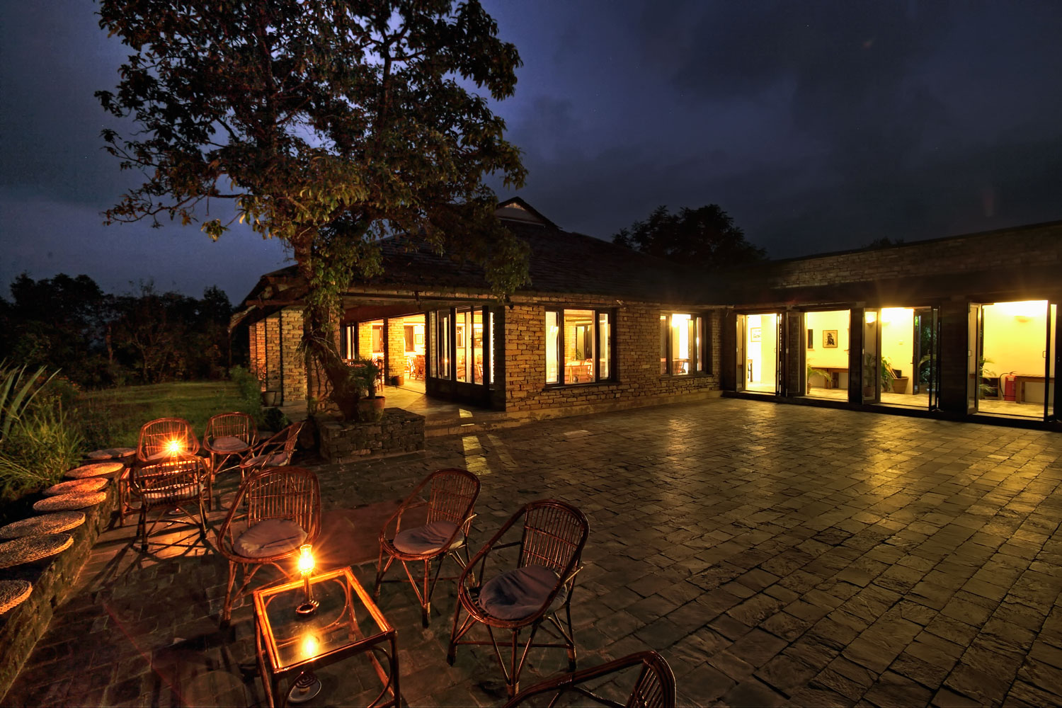 Lodge-Exterior---Main-Building-terrace-night---Rajbansh
